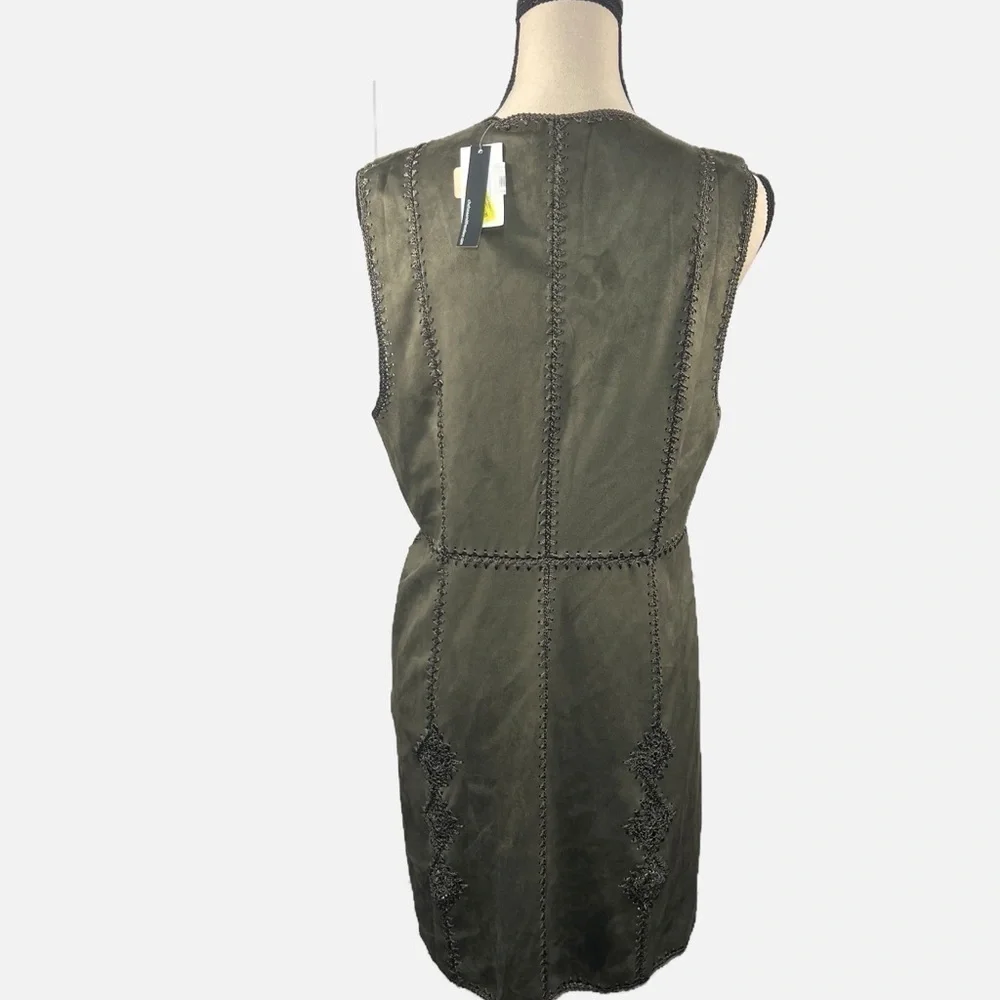 Chelsea and Theodore Vegan Olive Suede Crochet Open Front Vest Womens size Small